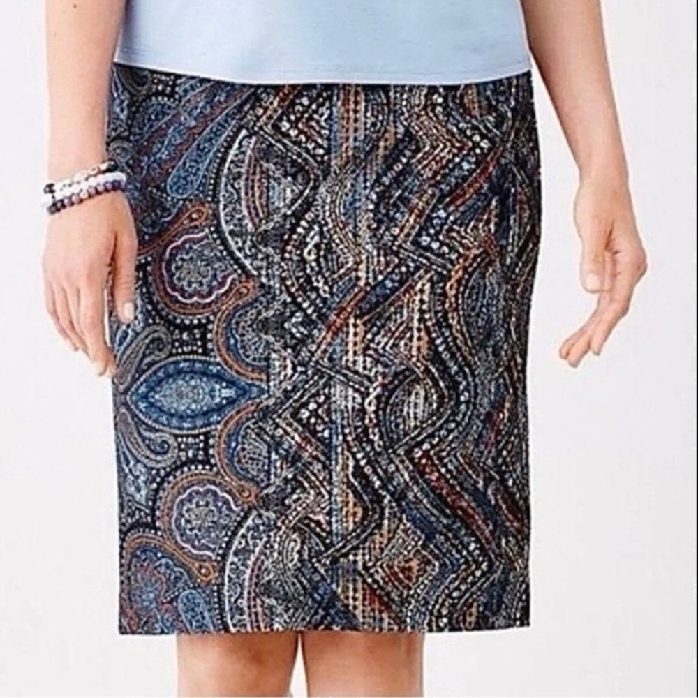 J. Jill Ponte Pencil Skirt Mod Paisley Jacobean Print Size Multi‎ Large Petite